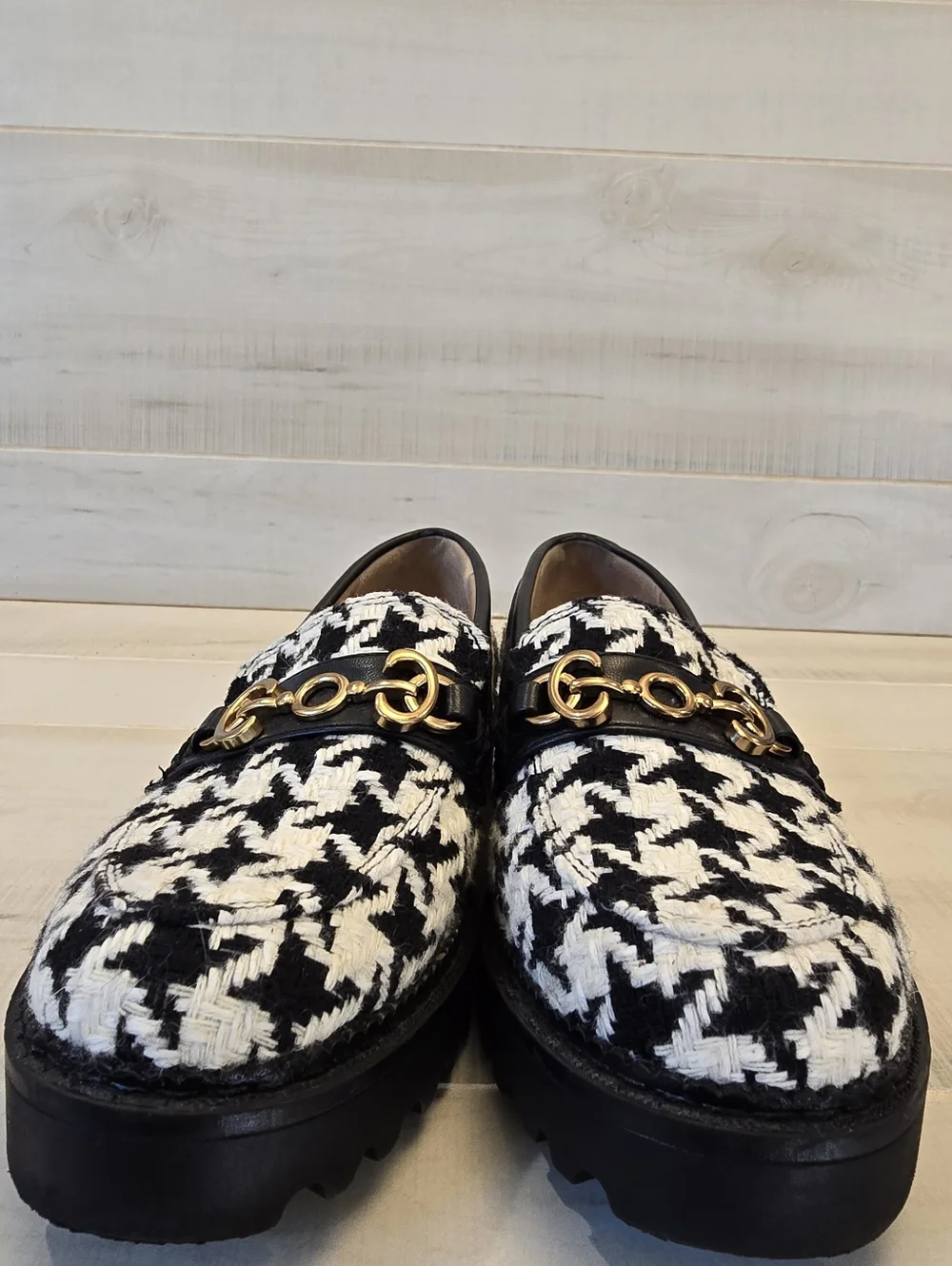{5.5} Sam Edelman Circus Deana Black White Houndstooth Lug Sole Loafers
